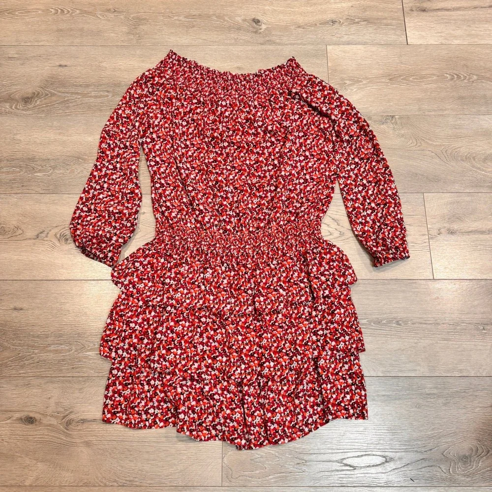 MICHAEL KORS Sangria Floral Smocked Ruffle Off the Shoulder‎ Dress Red Medium M